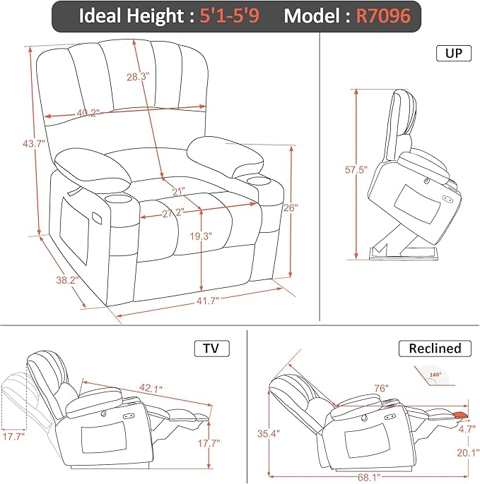 MCombo Power Lift Recliner Chair for Elderly, Lift Chair with Heat and Massage, Extra Wide Lift Recliner for Big People, Fabric R7096 (Medium-Wide, Grey)
