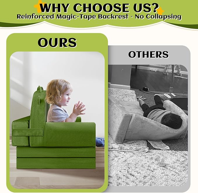 ORWIPO Dinosaur Kids Sofa Bed with Removable Washable Cover & Hook and Loop Backrest – Foldable Toddler Chair, Cozy Crystal Velvet Furniture for Playtime, Naps & Travel (Dark Green, Dino Design)