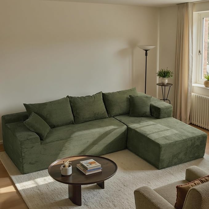 Sectional Cloud Boneless Couch for Living Room Bedroom, Comfy Modern L Shaped Modular Sofa with Right Facing Chaise, Deep Seat Memory Foam Couch in Box, No Assembly (Fine Striped Corduroy, Green)
