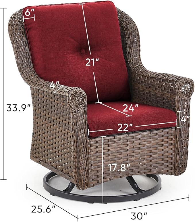 ACTREST Patio Chairs Outdoor Swivel Glider - Set of 4 High Back Outside Brown Wicker Rattan Rocking Chair with Thick Cushion for Porch Apartment Deck Yard Poolside Garden - Red