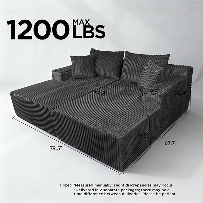 Sytopia Loveseat Chaise Lounge with Armrests, Oversized Sofa Bed with 4 Pillows, Cozy Boneless Sleeper, Modular Sectional Couch for Living Room Bedroom, Floor Chair Furniture sala Corduroy