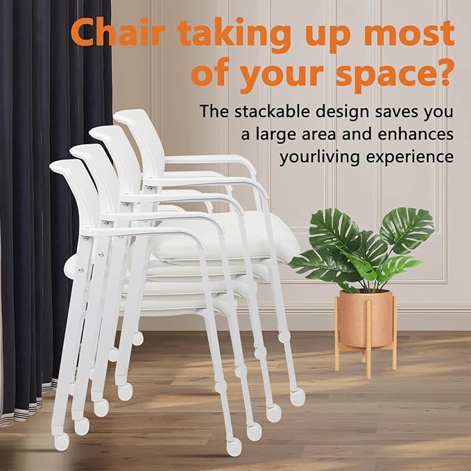 CLATINA Rolling Conference Chairs, 1 Pack Stackable with Wheels and Paddle, Ergonomic Mesh Back and Arms for Meeting, Training Room & Home Office (White)