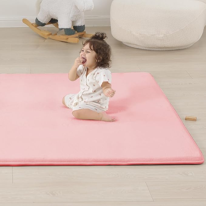 PAPAMAT 1.3" Thick Baby Floor Play Mat 59x79, Basic Padded Foam Mat for Tummy Time Crawling, Non Slip Cushioned for Babies Toddlers Infants Kids (Pink)