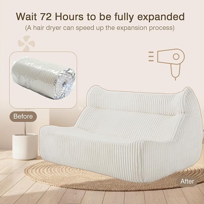 Big Bean Bag Chairs, Lazy Floor Sofa, Fireside Chair for Living Room, Bedroom, Office (White, Loveseat)