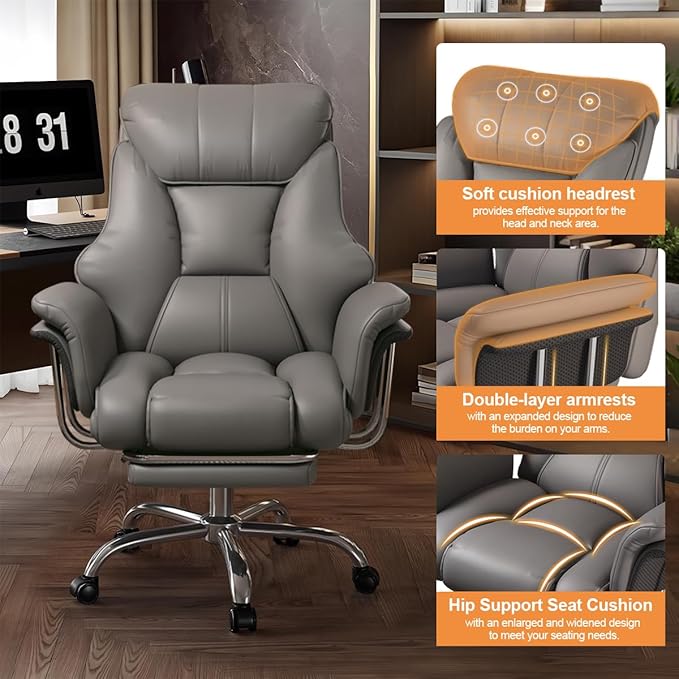 BTFYOU Big and Tall Office Chair with Armrests Executive Chair with Footrest and Spring Lumbar Support High Back Leather Ergonomic Chair Adjustable Height Tilt Lock for Business