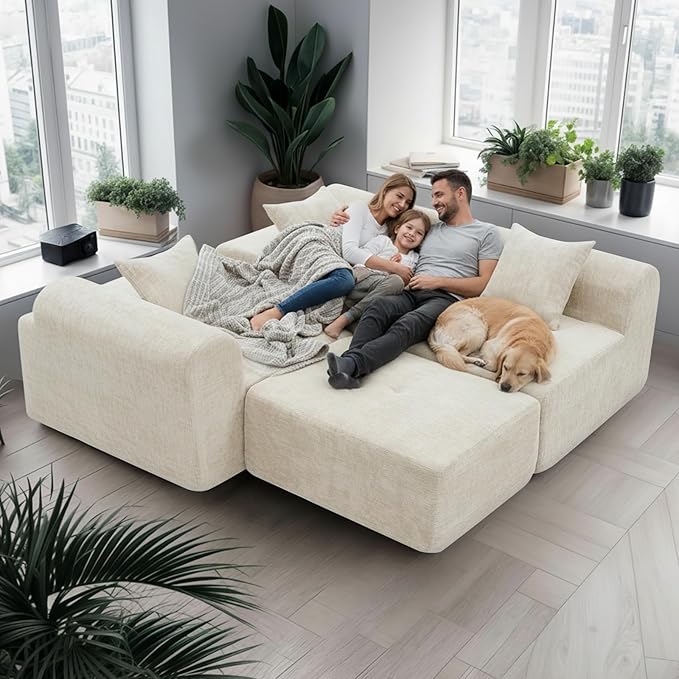 119’’ Modular Sectional Sofa Couch with Chaise, Deep Seat Cloud Couch for Living Room, Modern Chenille Upholstered Sectional with Throw Pillows, Compression Modular Sofa for Apartment Bedroom, Beige