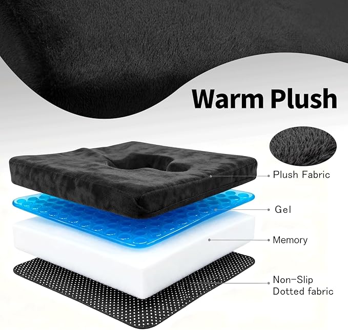 Gel Wheelchair Seat Cushion,Bed Sore Cushions for Butt,Sciatica,Coccyx,Pressure Sore Cushion for Office Chairs,Pain Relief Butt Pillow for Bedridden&Elderly,Washable Cover(Plush-Fabric Black)