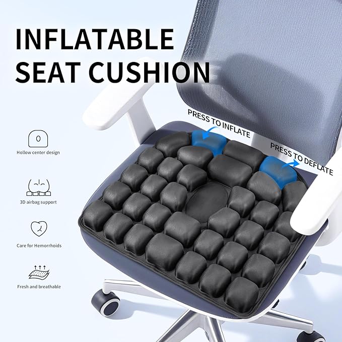 Airplane Seat Cushion - INFLATE/Deflate Built in Pump Inflatable Pad for Office Chairs, Wheelchairs, Car Seats & Outdoor Cushions 17.7x15.7 inches (Black)