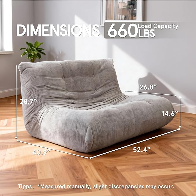 Sytopia Loveseat Bean Bag Chair, Oversized Reading Chair for Adults Ultra-Comfy, Corner Floor Sofa 40D Foam, Togo Sofa Furniture for Living Room Bedroom Gaming, Urban Grey