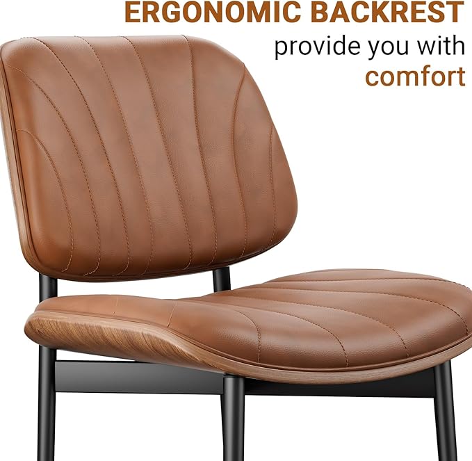 Dining Chairs Set of 2, Mid-Century Modern Upholstered PU Leather Chairs with Walnut Bentwood Back and Metal Legs Adjustable Feet for Kitchen Dining Room, Camel Shell Strips
