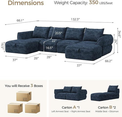 132" Modular Sectional Sofa with Deep Seat, U-Shaped Cloud Couch for Living Room, 4-Seater Boneless Sofa with 2 Ottomans, Flexible Combination Modern Upholstery Sofa, No Assembly Required, Aqua Blue