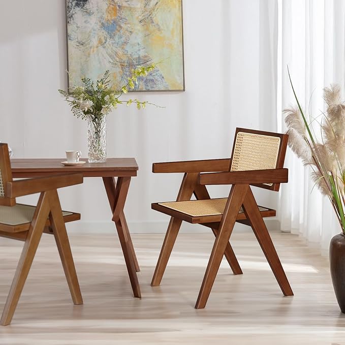 Rattan Accent Chairs Set of 2, Mid Century Modern Dining Armchairs With Cane Back, for Kitchen, Bedroom, Living Room, Reading Room, Outdoor - Walnut