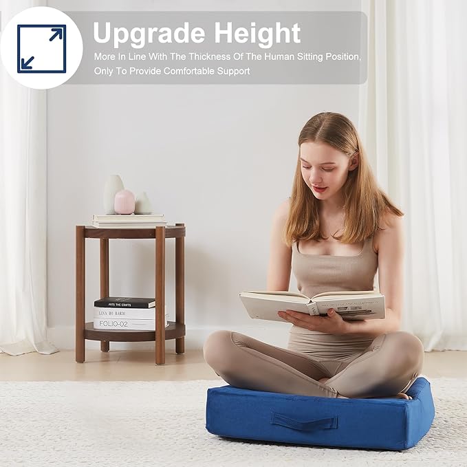 JKMAX 2 Pcs High Density Foam Floor Pillow - Upgraded Large Pillows Seating for Adults - Outdoor Floor Cushion with Soft Tufted Cover - Yoga Pillows for Sitting On Floor - 22 Inch Navy Blue
