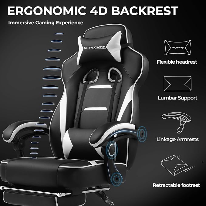 GTPLAYER Gaming Chair with Footrest, Big and Tall Game Chair 350lb Racing Style Computer Chair, Ergonomic Executive Office Chair High Back with Lumbar Support and Recliner, White