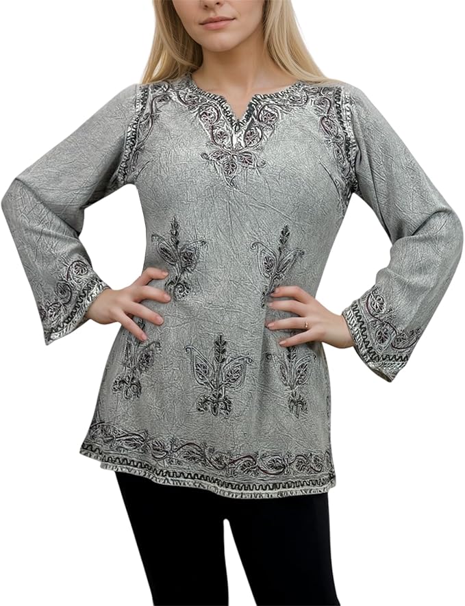 Agan Traders 2025 Winter Long Sleeve Diamond Neck Embroidered Tops - Medieval Boho Vintage Tunic Kurta Blouses for Women