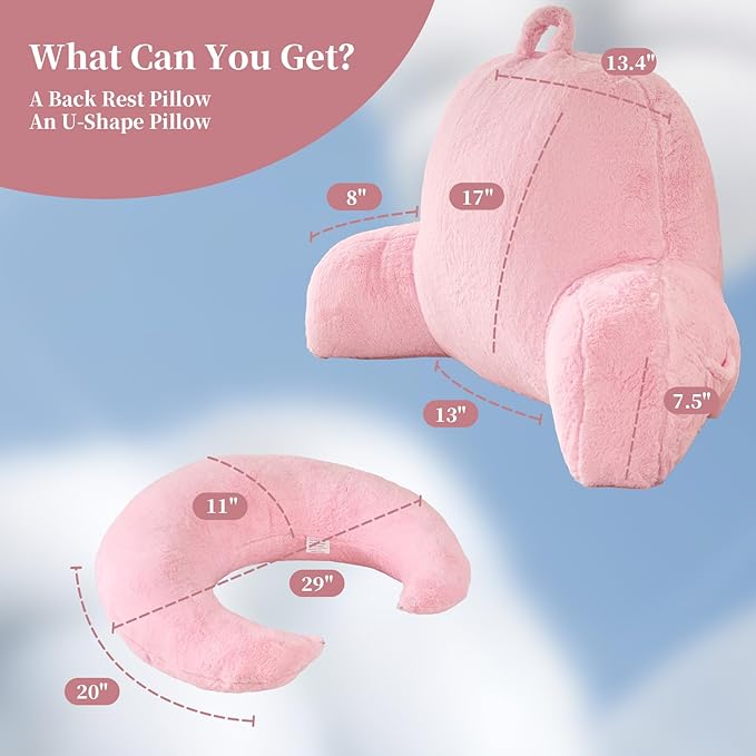 PAJEO Reading Pillow for Bed,U Shaped & Back Support Pillow for Bed,19" Backrest with Lumbar & Arm Support,Luxurious Faux Rabbit Fur,Gaming PillowFor Crochet/Reading/Watching TV,Pink