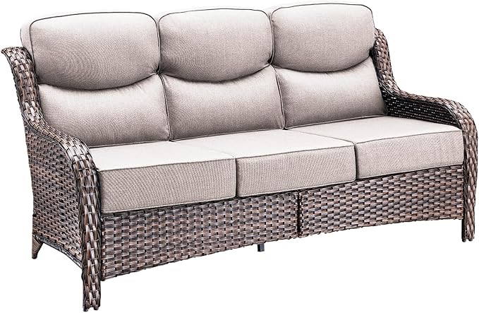 Pugire 71'' Patio Couch Outdoor Wicker Sofa, Heavy Duty All-Weather Rattan 3-Seater Sofa with Deep Seating and Removable Cover, Outdoor Patio Furniture for Deck Porch Sunroom Backyard Brown/Beige