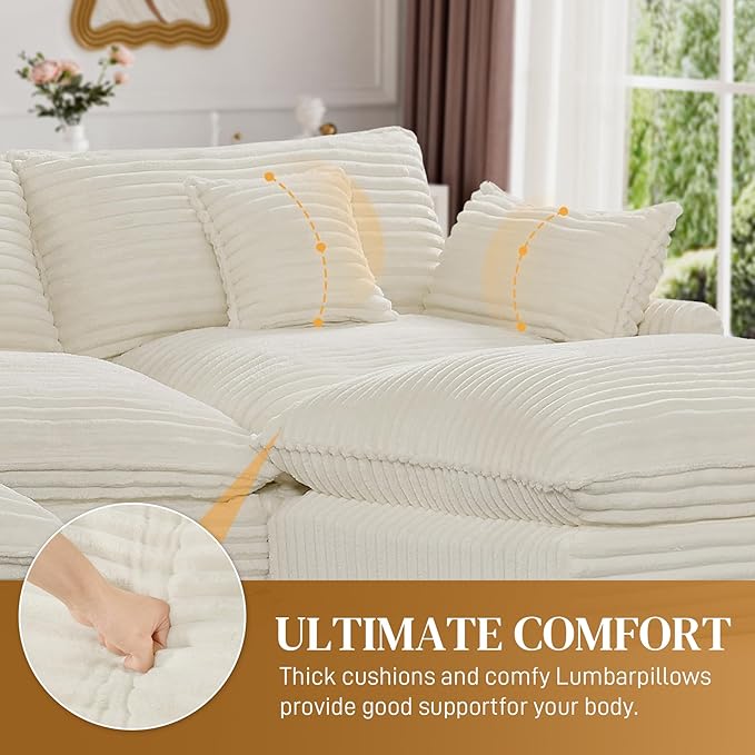HYJT-H&K 108" U Shaped Cloud Couch Modular White Sectional Couches for Living Room, Comfy Fluffy Corduroy Oversized Cloud Sectional Couch Large 5 Seat Sectionals Sofa Set, White