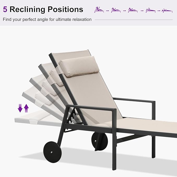 PURPLE LEAF Patio Lounge Chair Set Outdoor Chaise Lounger Aluminum Frame with Armrest 2 Side Table and Wheels for Pool Outside Sunbathing Tanning Recliner Including Pillows Beige
