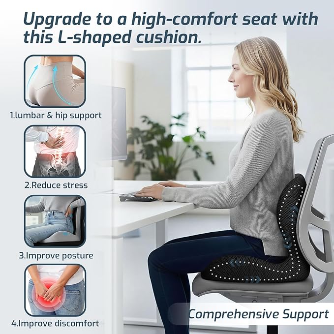Office Chair Cushions with Lumbar Support Pillow, Soothe Back and Seat Cushion Memory Foam, Non Slip Adjustable Strap for Lower Back Pain Sciatica Relief Office Workers Car Drivers (Black+Mesh Cloth)