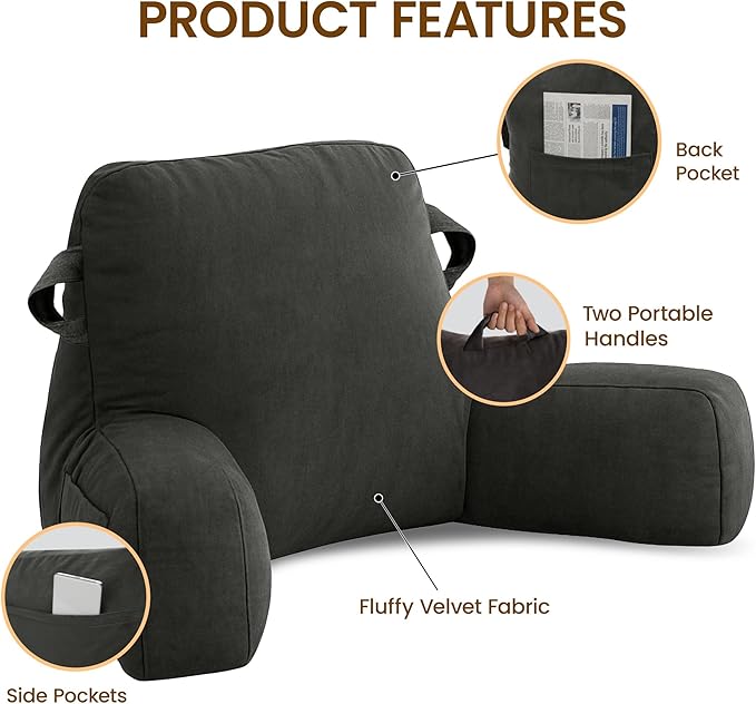 Unisakey Portable Comfy Reading Pillows for Bed Sitting Up(Grey Oeko-Tex), Velvet Back Pillow with Arms & Pockets for Adults, Support Memory Foam Bed Pillow for Dorm/Reading/Watching/Gaming