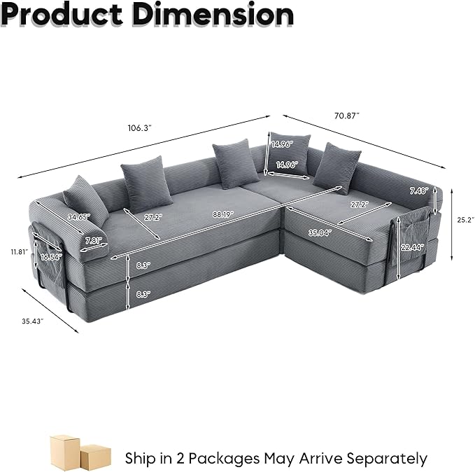 L Shape Convertible Sofa Bed with Cylindrical Pillow and Storage Pocket, Convertible Sofa Couch Bed with Support Frame for Living Room Bedroom Children Room-Grey