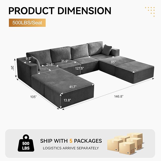 146'' Oversized Boneless Sofa Bed, 4 Seater Modular Sectional Couch with 4 Moveable Ottoman, No Asswmbly Corduroy Compression Sofas with Chaise for Home House, Grey