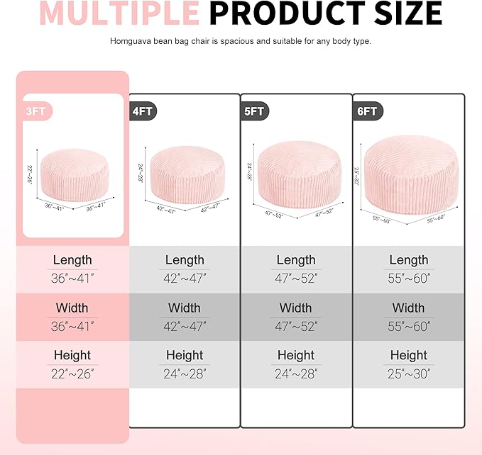 Homguava 3 FT Bean Bag Chair,3' Big Bean Bag,Large Bean Bag Chairs for Adults with Memory Foam Filled,Comfy Beanbag Chairs Soft Bean Bag Sofa with Dutch Corded Plush Cover-Soft Pink