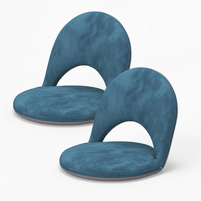2 Pcs Floor Chair, Meditation Chair, 5-Position Folding Chair with Adjustable Back, Soft Sponge & Velvetean Cover, for Adults and Kids, Indoor Outdoor Use, Meditation, Gaming, Camping, Blue