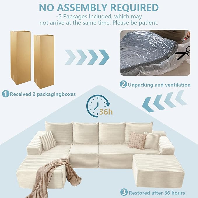 135.4" W Cloud Sectional Couch with Ottoman,Modern U-Shaped Cloud Couch with Deep Seat,Comfy Corduroy 4-Seater Sofa,Memory Foam Sofa for Living Room,No Assembly (White,Right-Facing Chaise)