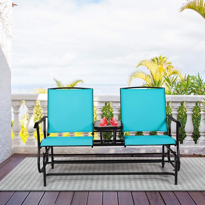 S AFSTAR 2-Person Outdoor Glider, Patio Glider Bench Chairs with Center Tempered Glass Table & Breathable Loveseat, Double Swing Glider Chair for Porch Garden Poolside Balcony Lawn (Turquoise)
