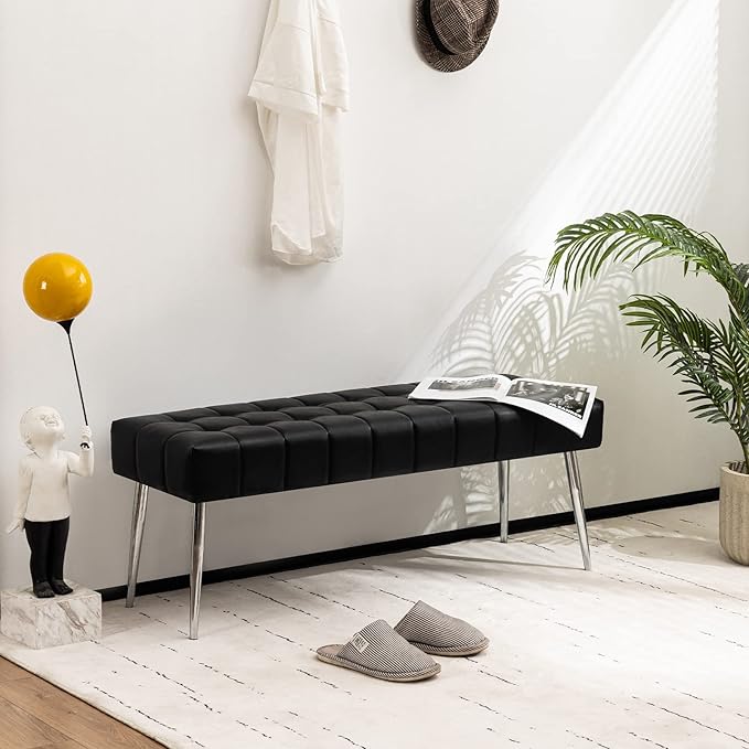 Apicizon 44.5”Bench for Bedroom, Modern Faux Leather End of Bed Bench with Metal Legs, Upholstered Sitting Bench for Front Door Entrance,Bedroom,Dining Room, Entryway，Black