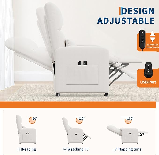 GarveeHome Power Recliner Chair, Adjustable Electric Recliner Ergonomic Overstuffed Single Sofa, Tall Back, Padded Seat, 2 Side Pockets and USB Port, Home Theater Seating for Living Room