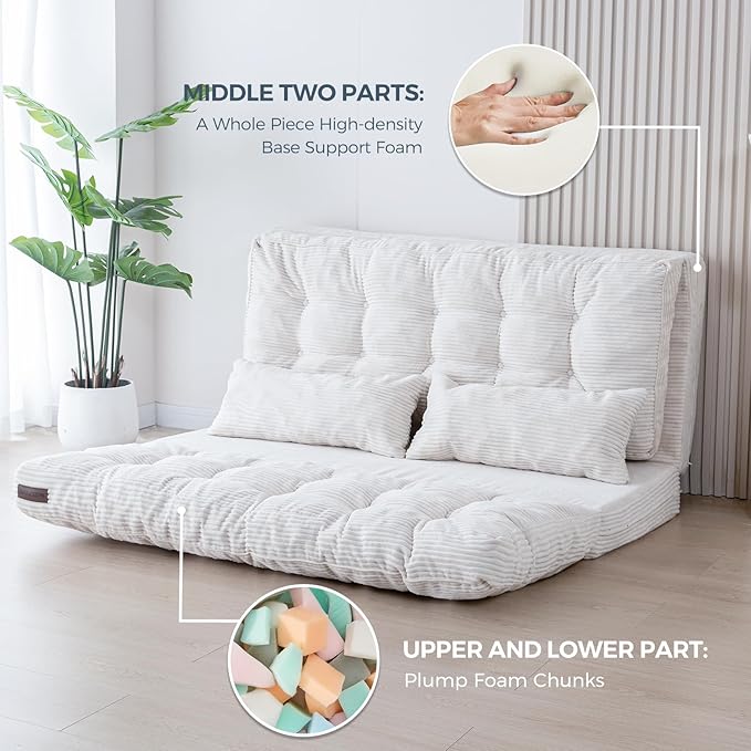 MAXYOYO Bean Bag Bed Tufted Folding Sofa Bed with Pillows Floor Mattress for Adults, Extra Thick and Long Floor Sofa, Full Floor Couch Bed for Bedroom Living Room, Beige, 54x91 Inch