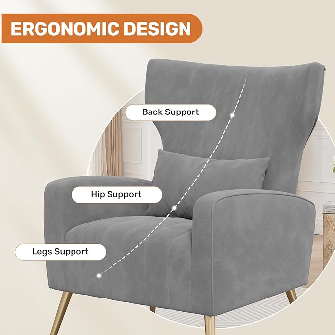 Nalupatio Modern Accent Chairs for Set of 2 Upholstered Velvet Fabric Reading Chair Mid Century Arm Chair Comfy Armchair for Living Room,Grey