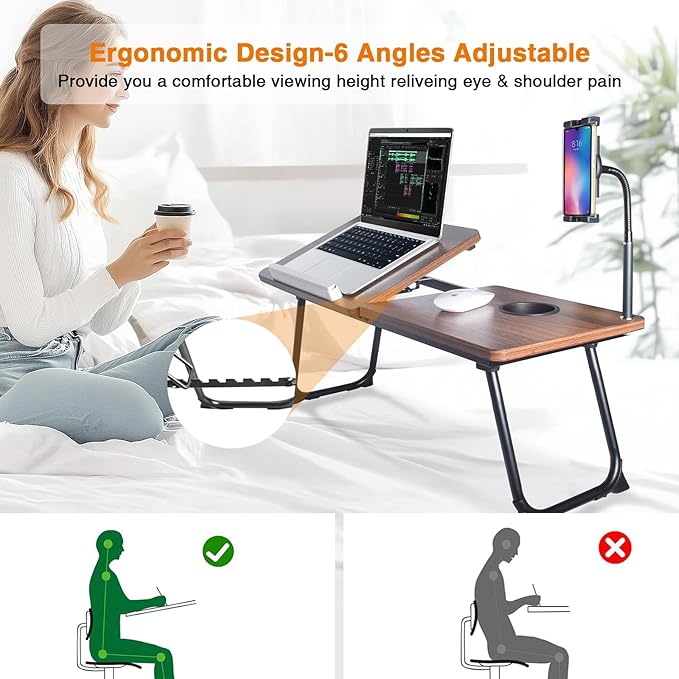 wishacc 28.7" Extra Large Adjustable Laptop Desk Stand with Phone Mount, Wooden Desktop, Portable Design
