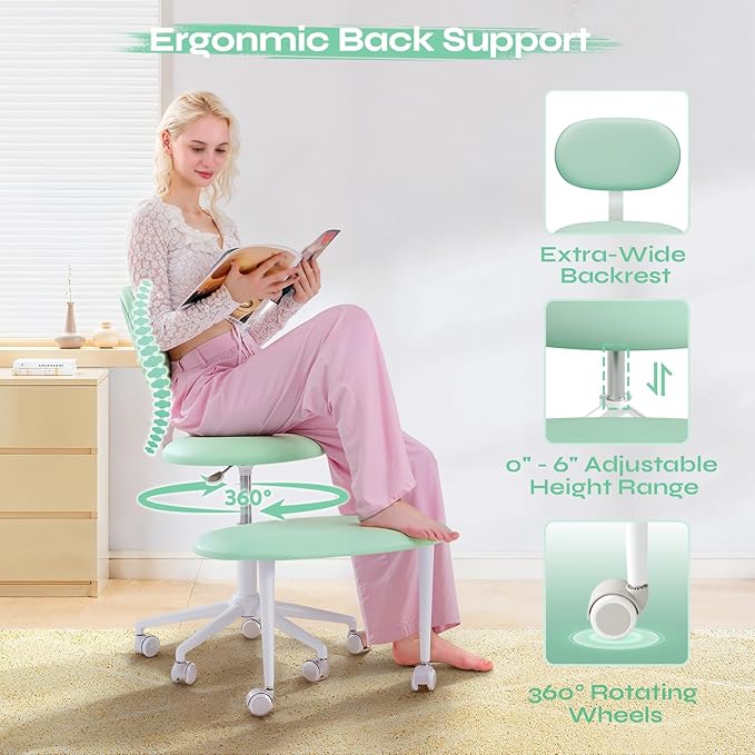 Pinmoco Ergonomic Cross Legged Office Chair with Wheels, ADHD Chair for Adults, Meditation Chair, Yoga Office Chair, Comfortable Back Support, Height Adjustable,Small Spaces, PU Leather, Green