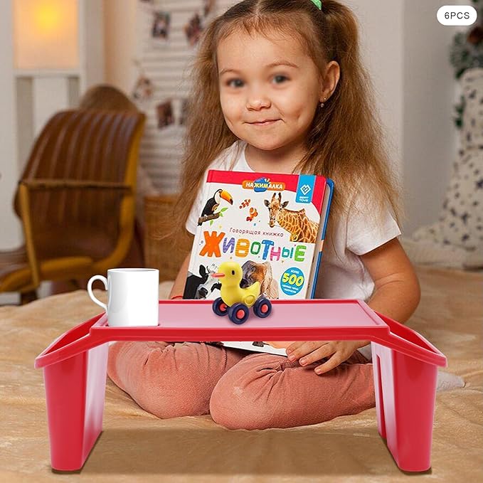 Kids Lap Desk Tray with Side Pockets, Plastic Breakfast Laptop Trays Kids Activity Lap Desk Tray Portable Bed Table Lap Desk for Kids Students Work Study School Classroom (6Pcs, Red)