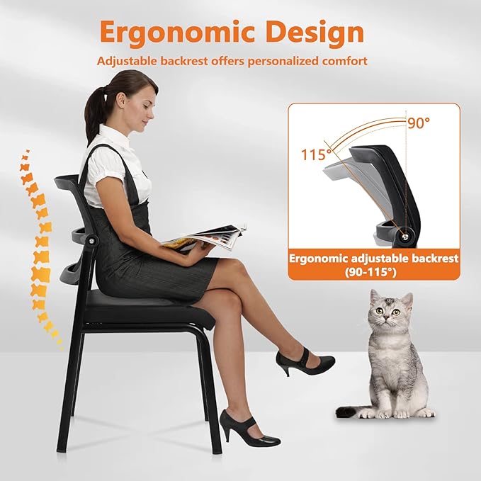CLATINA 12PK Mesh Stacking Office Desk Chairs, Portable Stackable Bulk Waiting Room Armless Chair with Adjustable Back & Leather Seat for Guest Lobby Side School Church Conference Break, Black