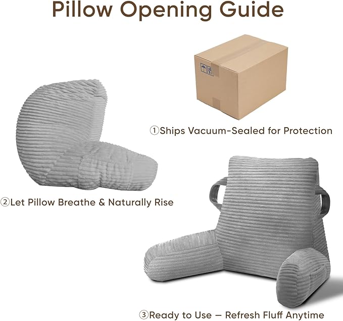 ABROLOY Reading Pillow for Sitting in Bed Adult, Bed Reading Pillow with Shredded Memory Foam, Back Pillow for Sitting with Arms and Pockets, LightGrey