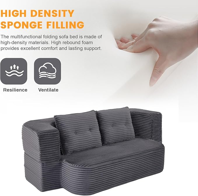 78.4" Convertible Sleeper Sofa Bed, Floor Couch Loveseat with Functional Blanket and 2 Soft Pillows,Corduroy Fabric Boneless Futon Couch for Living Room,Bedroom,Apartment (Dark Grey)