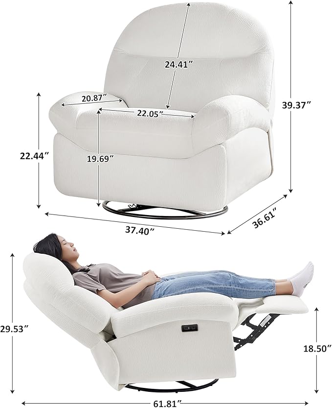 VANOMi Power Recliner Chair with Charging, 270° Swivel Glider Rocker, Electric Nursery Recliner for Living Room, Bedroom, and Office, White, Sets of 2