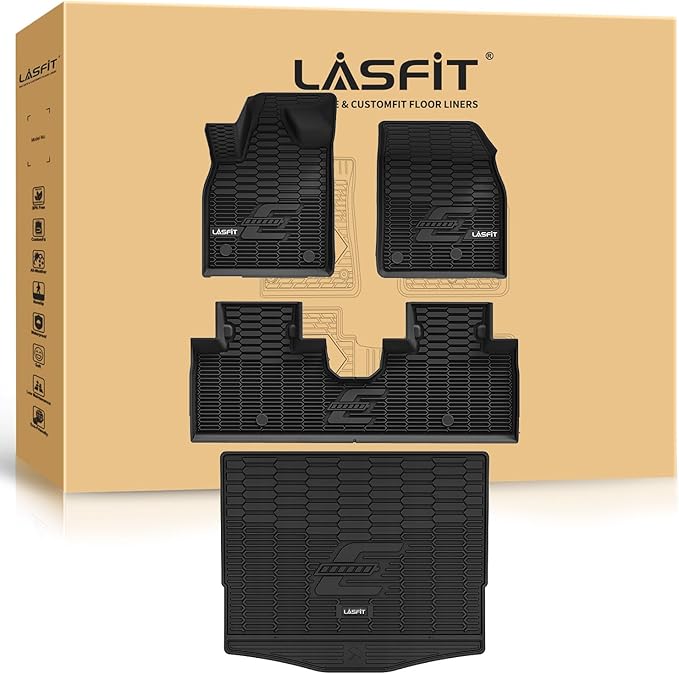 LASFIT Floor Mats and Trunk Mat for Ford Mustang Mach-E 2025 2024 2023 2022 2021 (Cargo Floor in Top Position) All Weather TPE Car Liners, 1st & 2nd Row & Cargo Liner, 4pcs Black