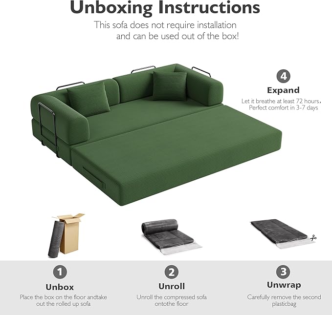 79 Inch 5-in-1 Convertible Sofa Bed, Corduroy Boneless Floor Couch with Fixed Frame & Pillow, Modular Folding Mattress Lounger for Small Space, Living Room, Bedroom - Easy Assembly(Dark Dreen)