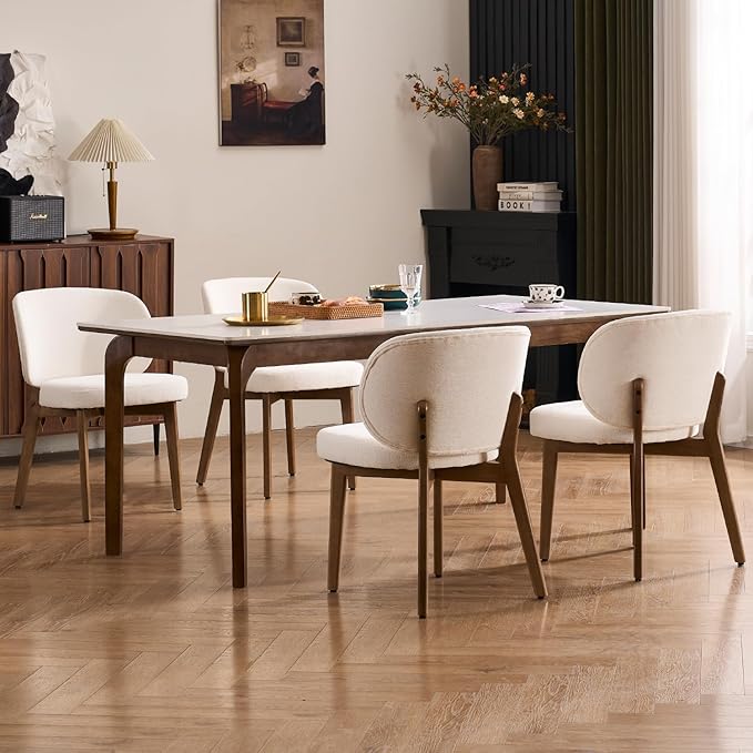 YOUNUOKE Dining Chairs Set of 2, Modern Chenille Fabric Dining Room Chair with Wood Legs, Widen Backrest Upholstered Comfy Armless Side Kitchen Chairs, Beige