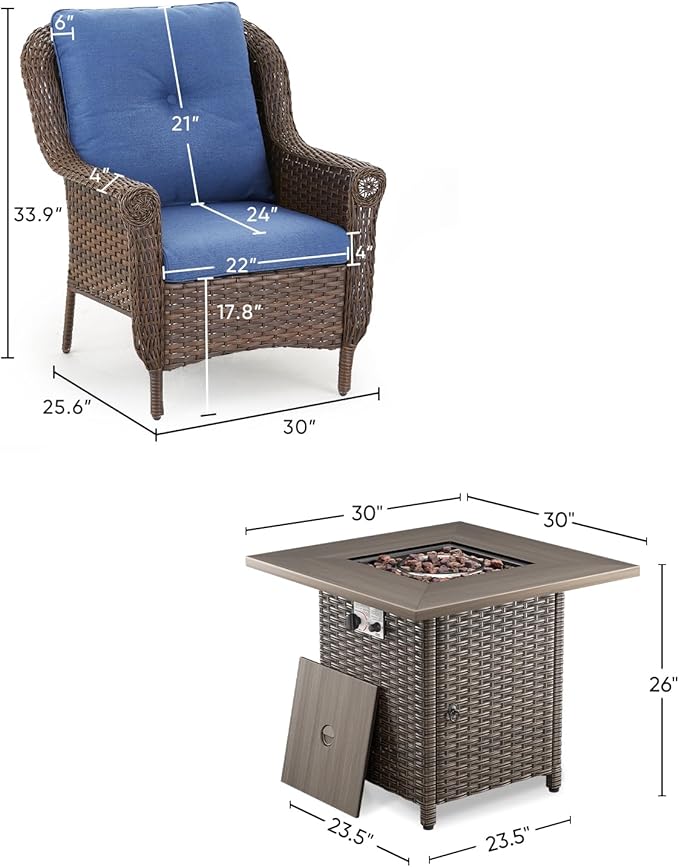 ACTREST Outdoor Patio Chairs with Fire Pit Table 5 Piece Set - High Back Brown Wicker Rattan Lawn Chair with Thick Cushion for Porch Apartment Deck Yard Poolside Garden - Navy Blue