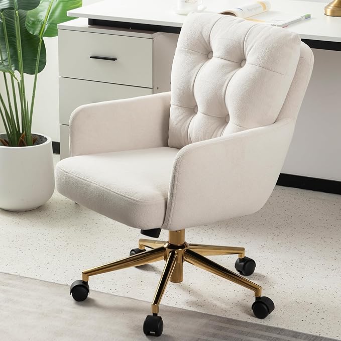 BALIAA Flannel Office Chair Vanity Chair Comfy Home Office Desk Chairs with Lumbar Support, Modern Plush Fabric Desk Gold Legs Swivel Task for Home Office Bedroom Study White Upgraded Version