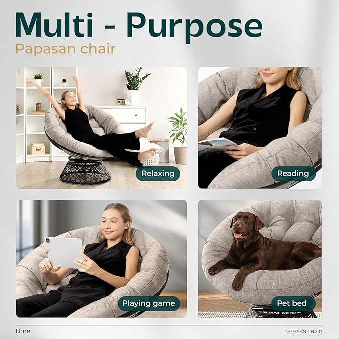 Bme 40" Ergonomic Wicker Papasan Chair with Soft Thick Cushion & Frame, 360° Swivel Papasan Chair, Circle Chair, Reading Chair, Chair for Living Room, Bedroom, Silver Cloud - Black Frame