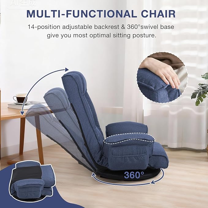 Ergonomic Swivel Floor Gaming Chair with Armrests & Side Pockets, 6-Position Reclining Sofa Bed, Foldable Padded Lounger with Thick Cushion & Lumbar Support for Esports, Reading, TV Watching (Blue)
