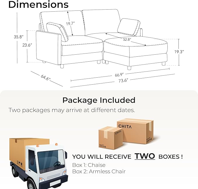 CHITA Modular Sectional Loveseat Sofa with Ottoman, Modern Cloud Couch for Living Room and Apartment, 2 Seat Extra Comfty Sofa, Removable Cover, 73.6 Inch Width, Classic Taupe